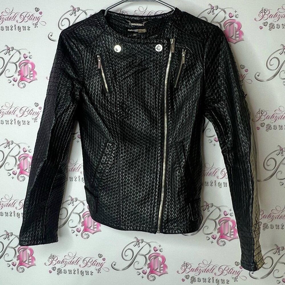 Karl Lagerfeld Black Textured Leather Jacket zip up zippers moto classy